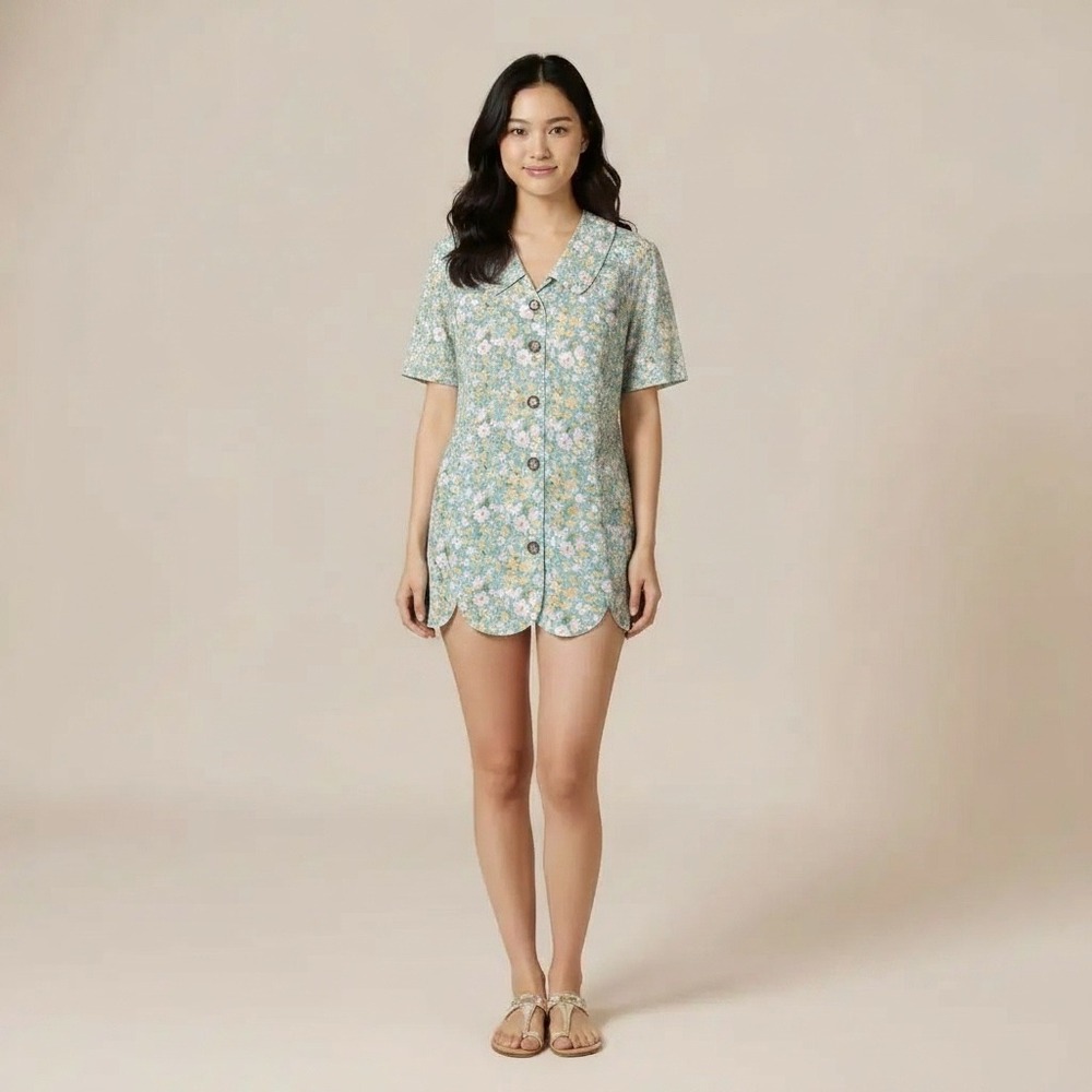 Leslie Fay Floral Blouse Womens 16WP Teal Yellow Scallop Hem Lace Collar Vintage